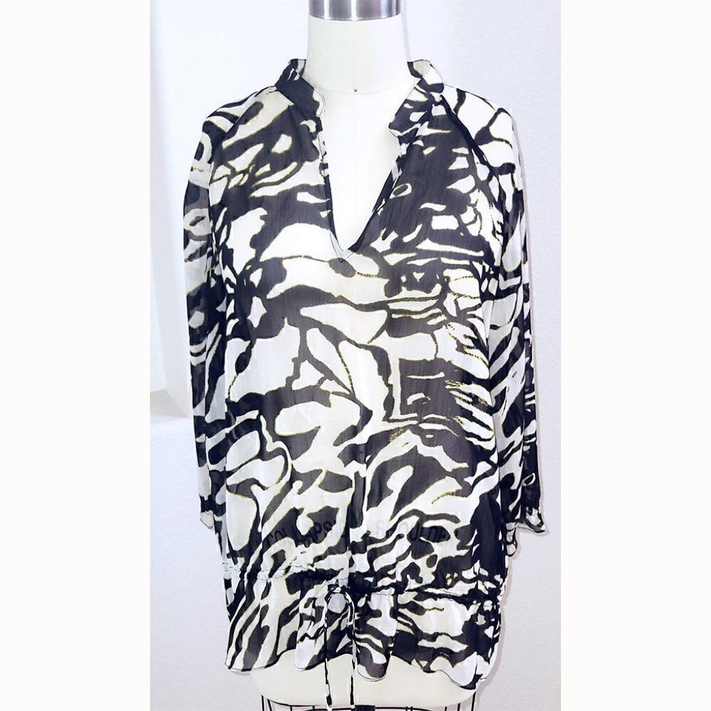 Anne Klein sheer abstract black/white tunic top blouse